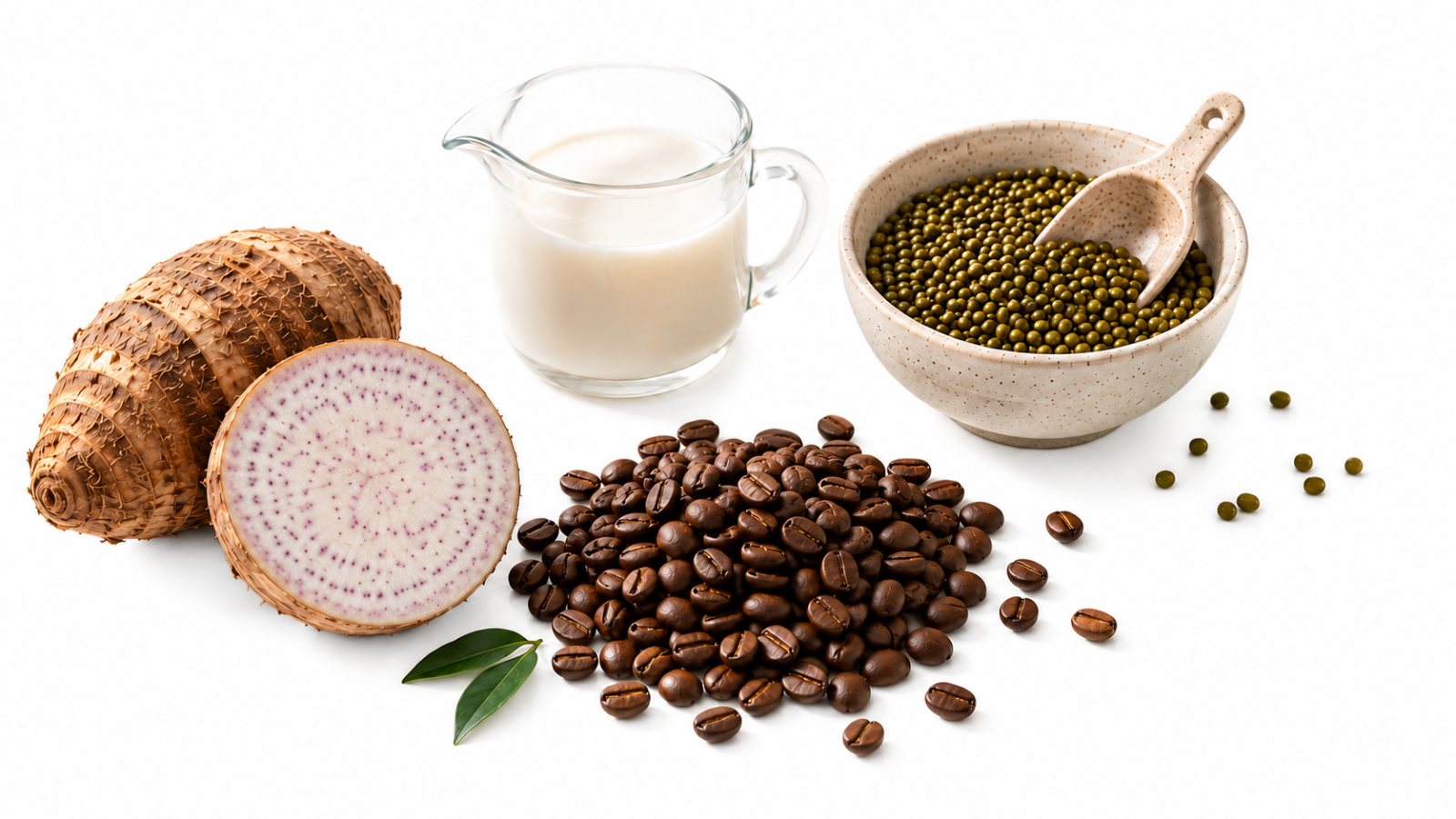 Fresh 7 Leaves ingredients — taro root, real milk, mung beans and freshly roasted coffee