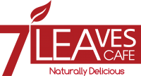 a photo of 7 leaves cafe logo in red and transparent background with slogan