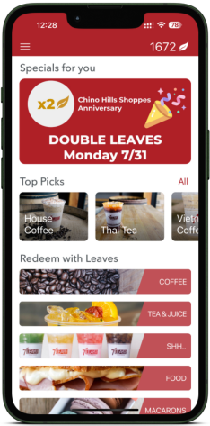 a photo of the screenshot of the 7 leaves cafe mobile application main page in mobile phone mockup