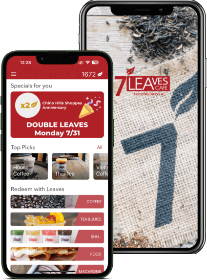 a photo of the screenshots of the 7 leaves cafe mobile application loading page and main page in mobile phone mockup